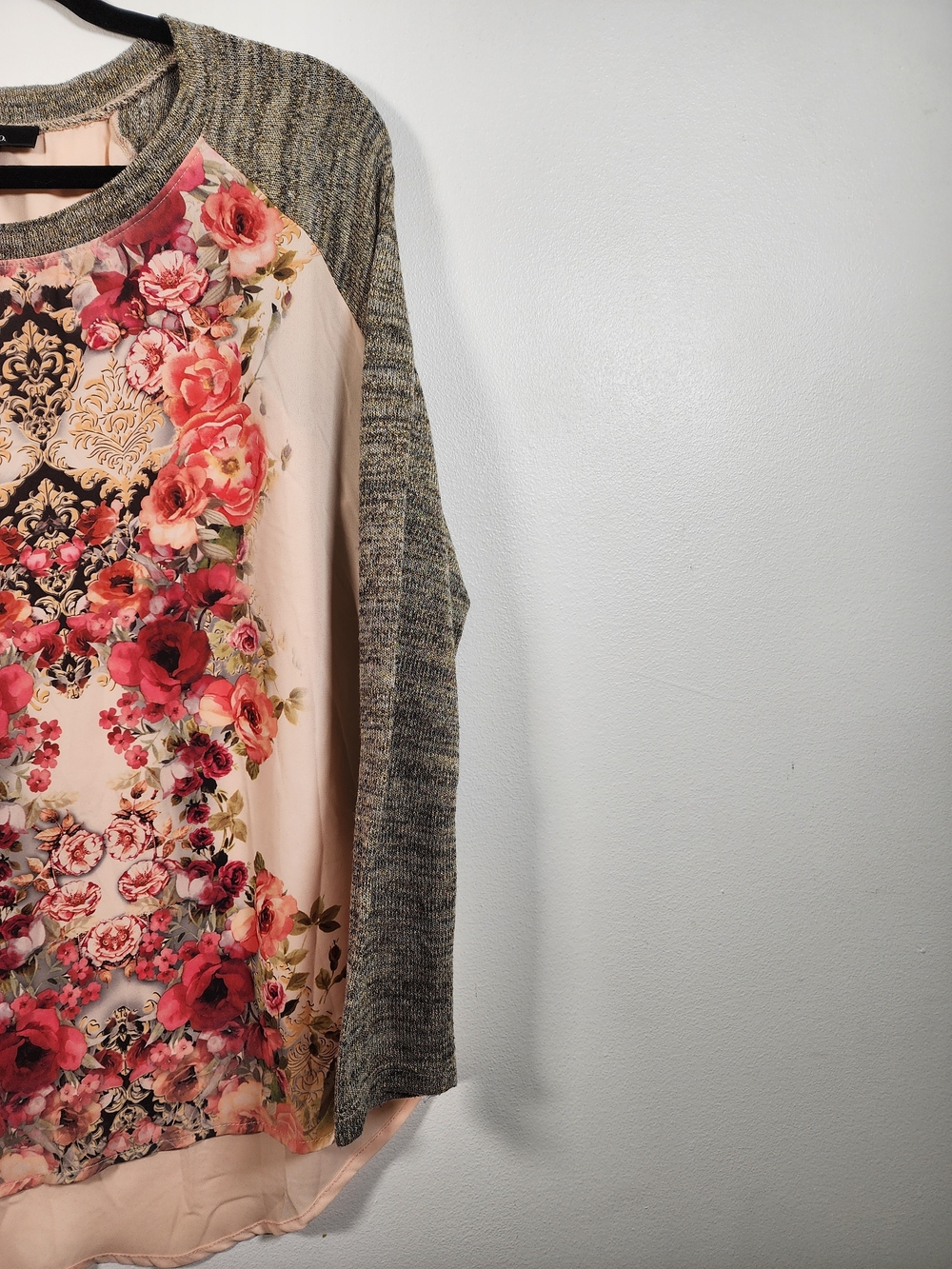 Floral Mixed Media Raglan Long Sleeve Top - Size XL - Picture 6 of 9